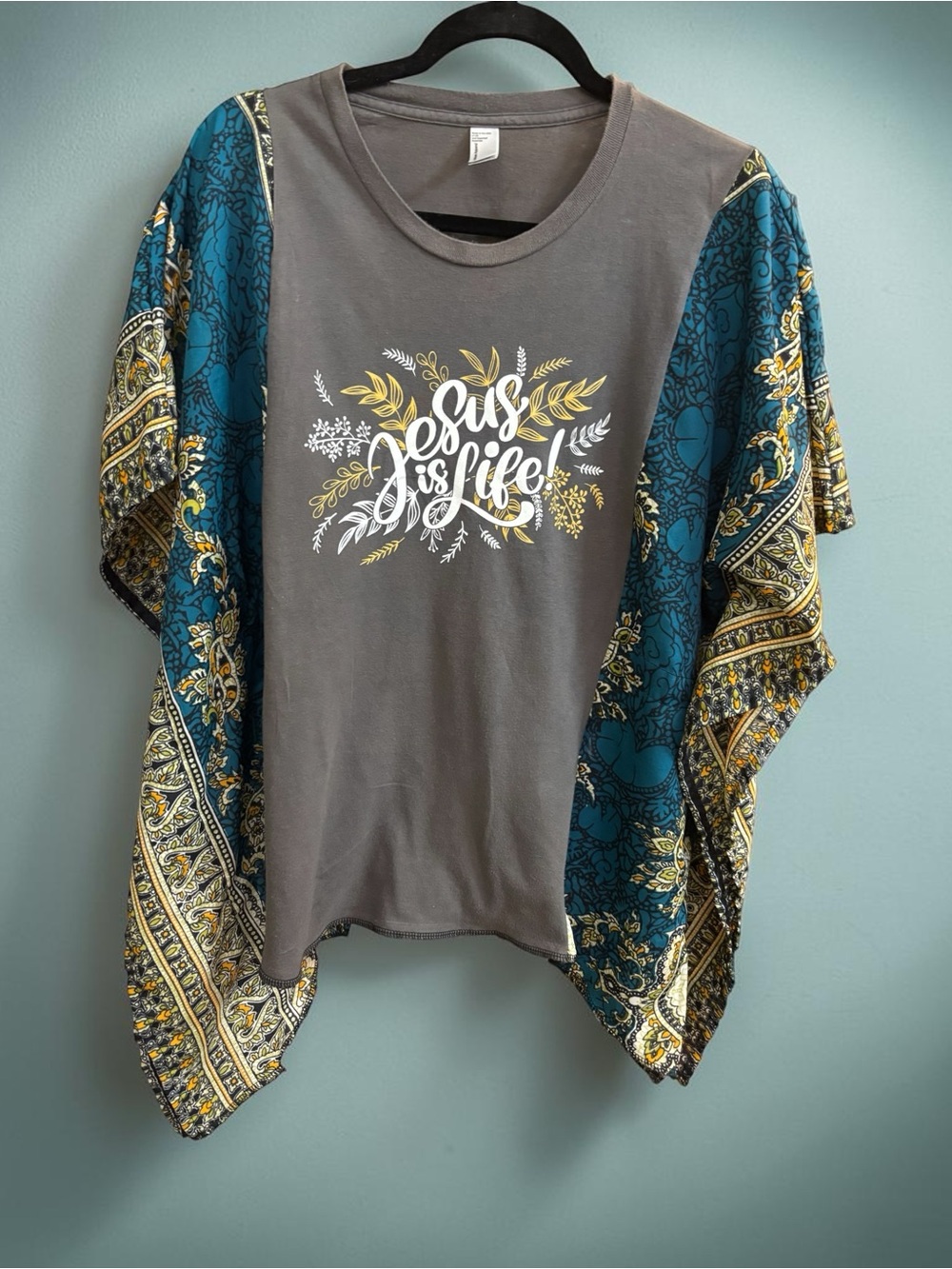 Jesus Is Life Graphic Kimono-Sleeve Top - Gray and Teal